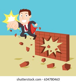 Super Businessman Breaking Through Brick Wall Barrier, Vector Illustration Cartoon