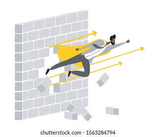 Super businessman breaks the wall. Brown skin man breaks the wall. Flying man breaks the wall. Concept flat design