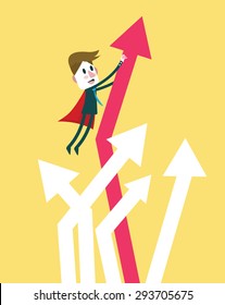 Super businessman bring graph growth up. flat design character. vector illustration