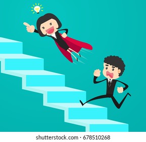 Super businessman in cape flying pass another businessman climbing stairs. Business competition ideas concept.