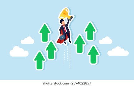 Super businessman carries a flying trophy breaking through the sky with several arrow signs, illustration of excellent and rising businessman performance