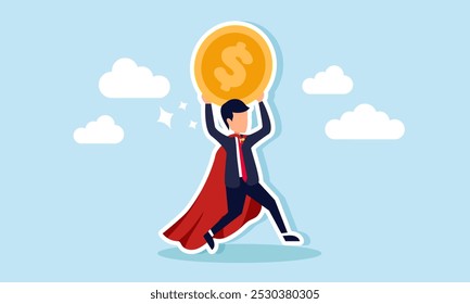 A super businessman carrying a giant dollar coin, illustration of a successful entrepreneur with a massive amount of total assets