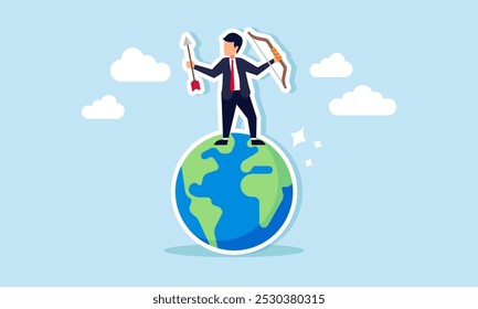 A super businessman carrying a trophy, illustration of a successful entrepreneur with awards and leadership in his business field