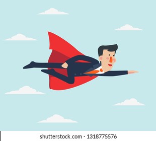 Super Businessman. Cartoon Superhero Flying With Cape Waving In The Wind. Successful Hero Businessman. Success, Leadership And Victory In Business Vector Concept. Young Entrepreneur In A Superman