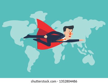 Super Businessman. Cartoon superhero flying with cape waving in the wind. Successful hero businessman. Success, leadership and victory in business vector concept