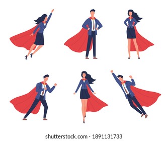 Super Businessman Characters. Business Man And Woman In Different Heroic Poses, Brave Strong People, Flying Heroes In Flowing Capes And Suits. Help And Victory Symbol Vector Isolated Flat Cartoon Set