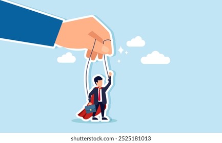 A super businessman is controlled by a string connected to his hand, illustrating the game of business in playing the role of a company with strong management and financial foundations