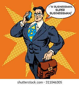 the super businessman to do is answering a phone call. Business concept money Finance. Retro style pop art