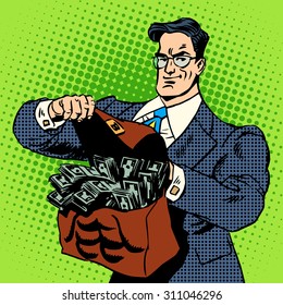 The super businessman to do with a suitcase of money. Business concept Finance income cash. Retro style pop art