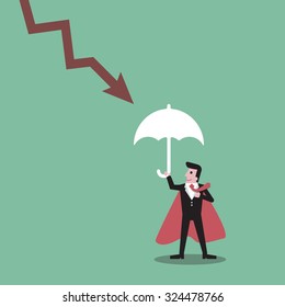 Super businessman   down chart  on red arrow downward trend line protection umbrella , character cartoon  superhero concept  
business superhero  vector illustration flat design