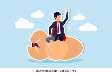 A super businessman emerging from an eggshell, illustration of creating a strong and disciplined business team for effective teamwork