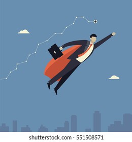 Super Businessman flies to the goal and success. Business concepts in vector.