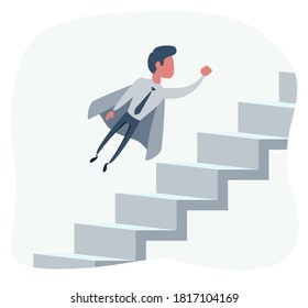 Super businessman flies up the stairs, superhero employee climbs the stairs, business concept of career growth and success. Vector flat design illustration.