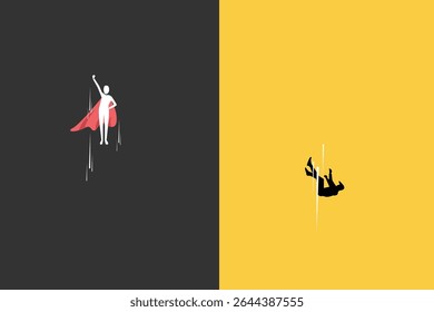 Super Businessman fly pass businessman falling down with falling down. Business ranking up or down. Business competition