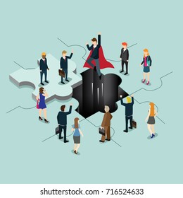Super businessman flying away from puzzle hole