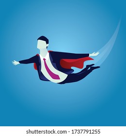 Super Businessman Flying In Blue Sky, Concept Power Of Succesful Man