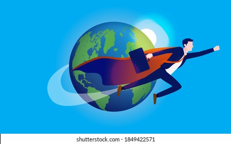 Super businessman flying by earth in space - Man with cape and briefcase being a superhero. Global business success concept. Vector illustration.