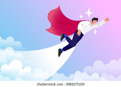 Super businessman flying up from cloud. Business leadership. business finance success. creative idea. Vector illustration.