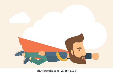 A super businessman flying high to achieve his goal. Leadership concept. A Contemporary style with pastel palette, soft beige tinted background. Vector flat design illustration. Horizontal layout with