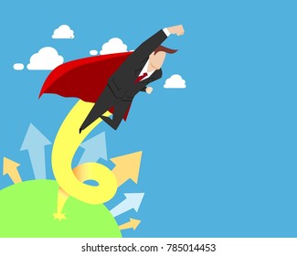 Super businessman flying into the sky