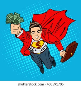 Super Businessman Flying with Money in Hand. Pop Art Vector illustration