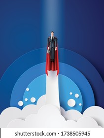 super businessman flying on sky like a superhero.  paper cut  with success business concept  