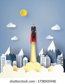 super businessman flying on sky like a superhero.  paper cut  with success business concept  