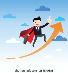 Super businessman flying over chart.