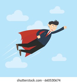 super businessman flying with red cape to success cartoon vector illustration