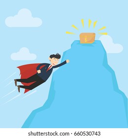 super businessman flying with red cape to get treasure box cartoon vector illustration