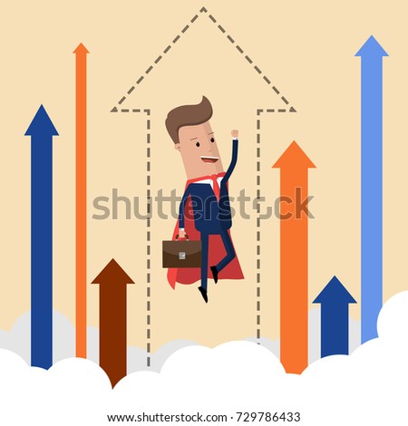 Super businessman flying in the sky with arrows and clouds, business concept the success, growth and determination. Vector illustration