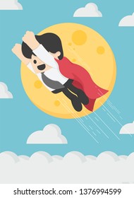 Super businessman is flying in sky background the moon.
