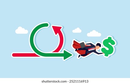 A super businessman flying through positive and negative charts while carrying a dollar sign, illustrating overcoming challenges to earn a raise or bonus for high-performing employees