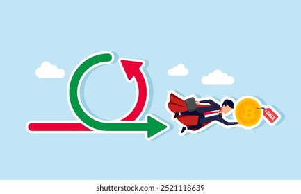 A super businessman flying through positive and negative charts carrying a bitcoin marked with sale, illustrating selling bitcoin due to unpredictable market trends