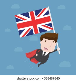 Super Businessman flying with United Kingdom flag