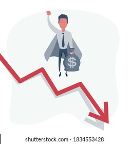 Super businessman flying up when arrow going down, vector illustration cartoon. Vector illustration flat design