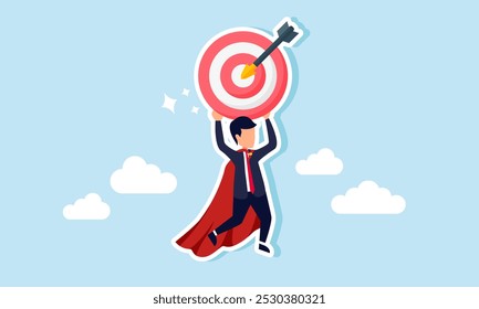 A super businessman is flying while holding a target board, illustration of high-performing employees elevating the company's performance through achieving business targets  