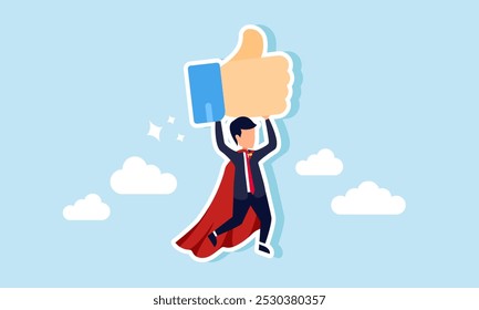 Um super empresário está voando enquanto segura uma placa de apoio, ilustração de receber apreço pelo desempenho da empresa  