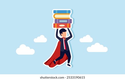 A super businessman flying while lifting a stack of books, illustration of a successful entrepreneur boosting business performance by completing numerous projects  