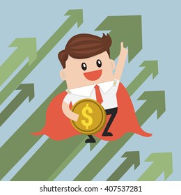 Super businessman with growing graph.