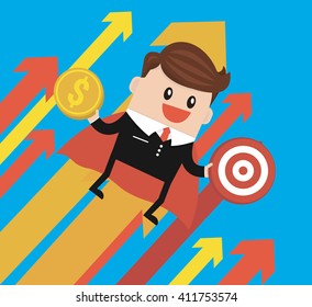 Super businessman with growing graph.