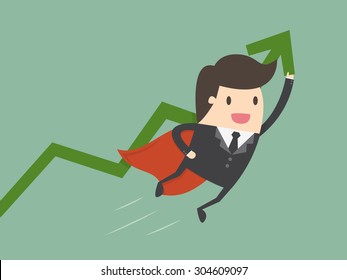 Super businessman with growing graph. Business concept cartoon illustration. 