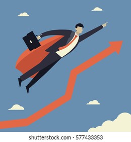 Super businessman with growing graph. Business concepts in vector.