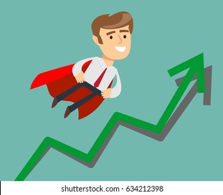 Super businessman with growing graph. Business concept cartoon illustration.