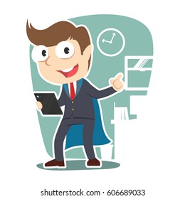 super businessman holding tablet