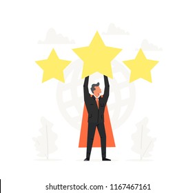 super businessman holds the big Star over head. Rating, feedback, evaluation system, positive review, quality work. Vector creative business banner for design concept.