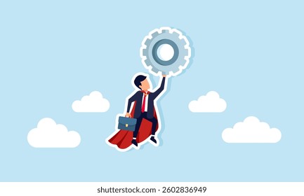 Super businessman lifts a flying gear system in the sky, illustration of maximum effort in business system efficiency