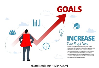 Super Businessman Looking Up Arrow Infographic Suitable For Poster Growth Business Goals. Illusteration Vector Super Businessman Success