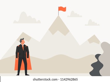 Super businessman looking a flag on top mountain. Success, leadership, achievement and goal concept. Startup flat illustration
