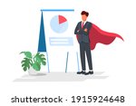 Super businessman or manager standing on the top of the graph. Superman high in the sky among the clouds. Vector
